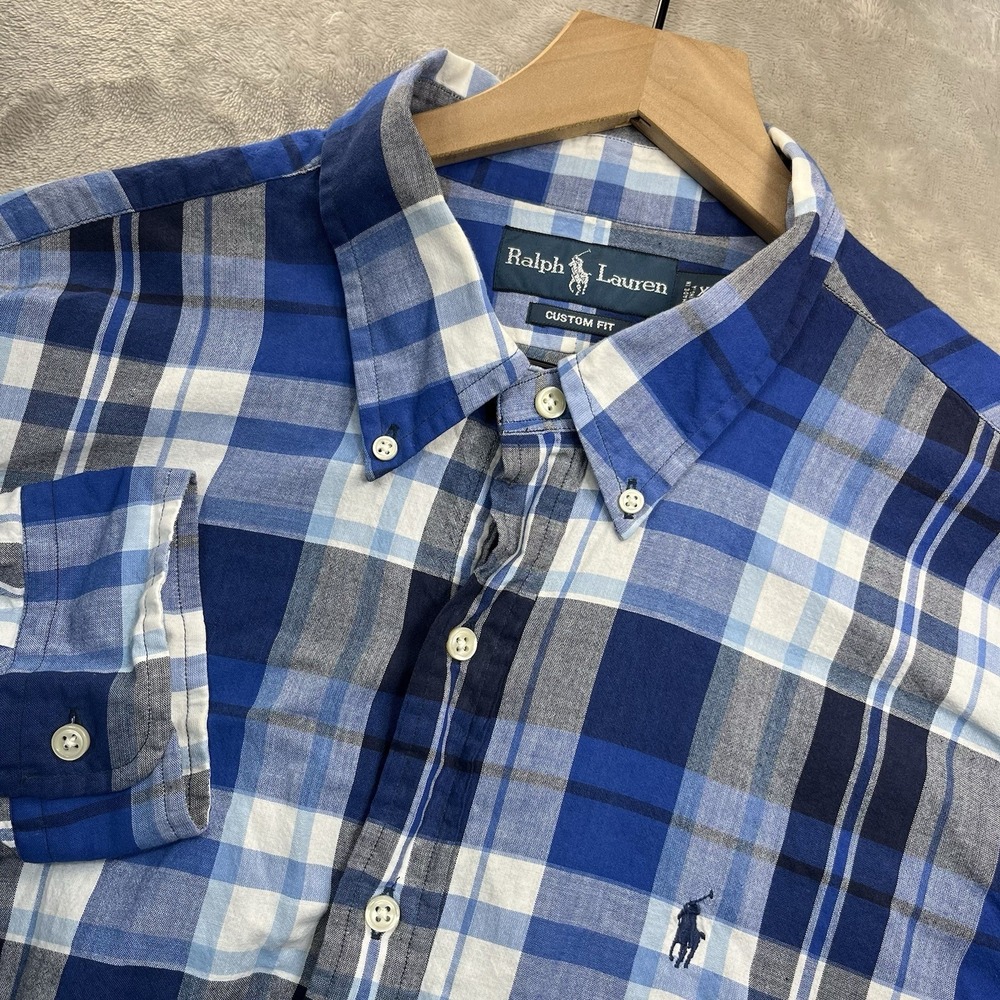 Ralph Lauren Button Down Shirt Mens XL Blue Plaid Custom Fit Long Sleeve Cotton